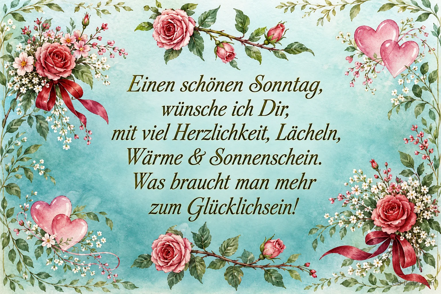 Rahmen aus Rosen und Herzen auf türkisem Hintergrund, Text: Einen schönen Sonntag, wünsche ich Dir, mit viel Herzlichkeit, Lächeln, Wärme & Sonnenschein. Was braucht man mehr zum Glücklichsein!