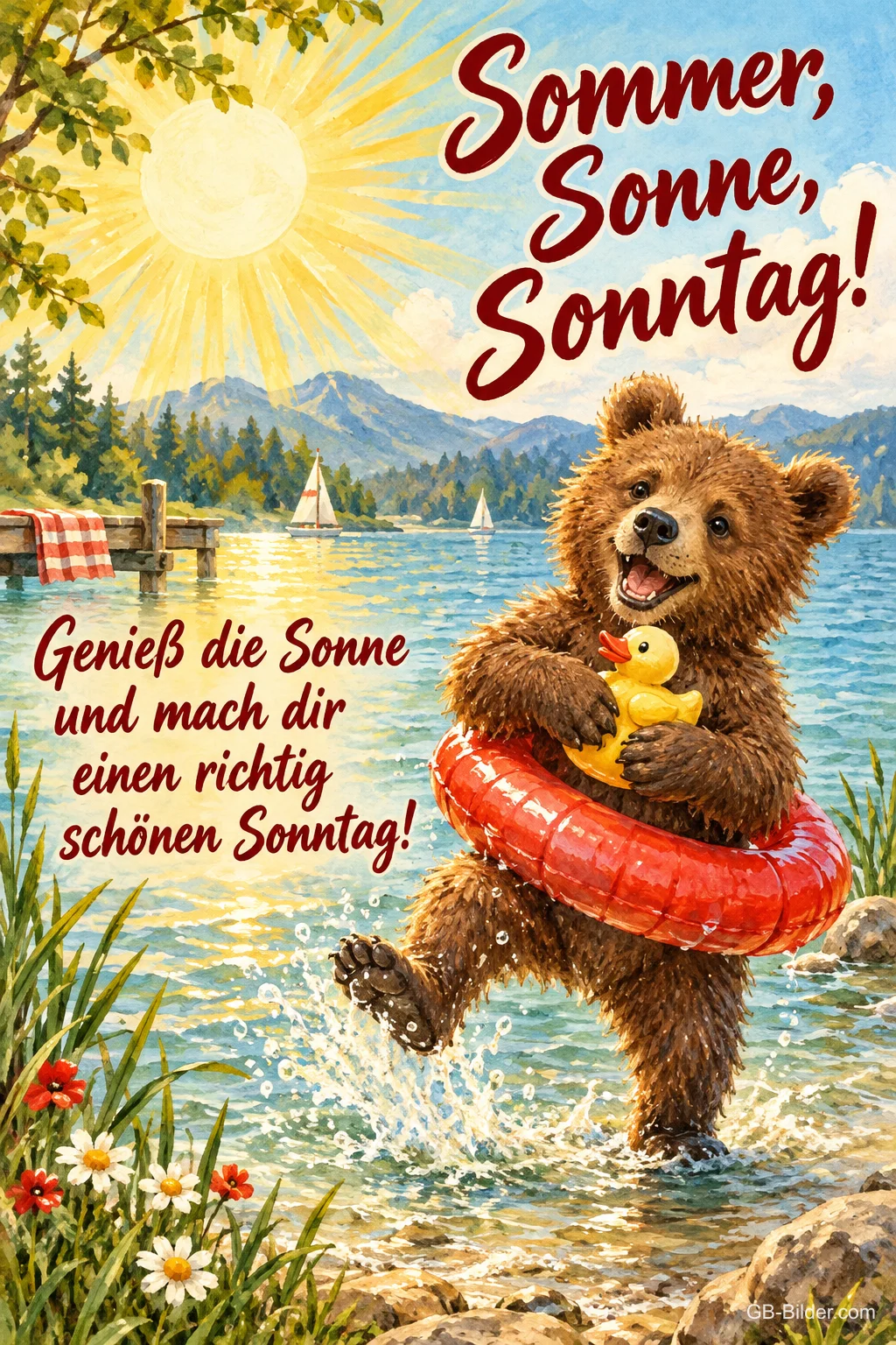 Bär mit Schwimmring und Badeente planscht fröhlich im See, Text: Sommer, Sonne, Sonntag! Genieß die Sonne und mach dir einen richtig schönen Sonntag! Bär mit Schwimmring und Badeente planscht fröhlich im See, Text: Sommer, Sonne, Sonntag! Genieß die Sonne und mach dir einen richtig schönen Sonntag!