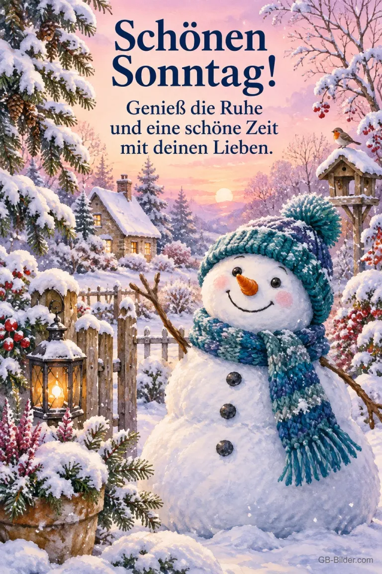 Lächelnder Schneemann mit Mütze und Schal im verschneiten Garten, Text: Schönen Sonntag! Genieß die Ruhe und eine schöne Zeit mit deinen Lieben.