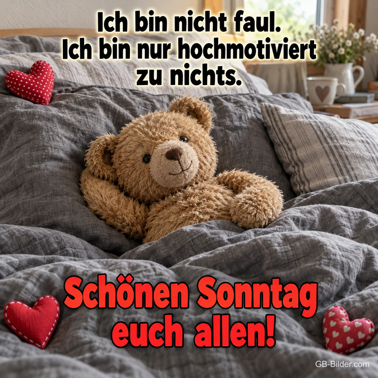Teddybär liegt entspannt im zerwühlten Bett, Text: Ich bin nicht faul. Ich bin nur hochmotiviert zu nichts. Schönen Sonntag euch allen! Teddybär liegt entspannt im zerwühlten Bett, Text: Ich bin nicht faul. Ich bin nur hochmotiviert zu nichts. Schönen Sonntag euch allen!
