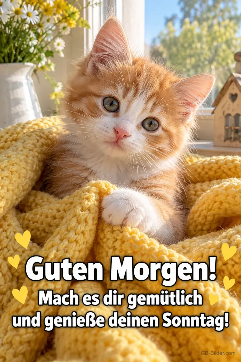 Rotes Kätzchen in einer gelben Strickdecke am Fenster, Text: Guten Morgen! Mach es dir gemütlich und genieße deinen Sonntag!