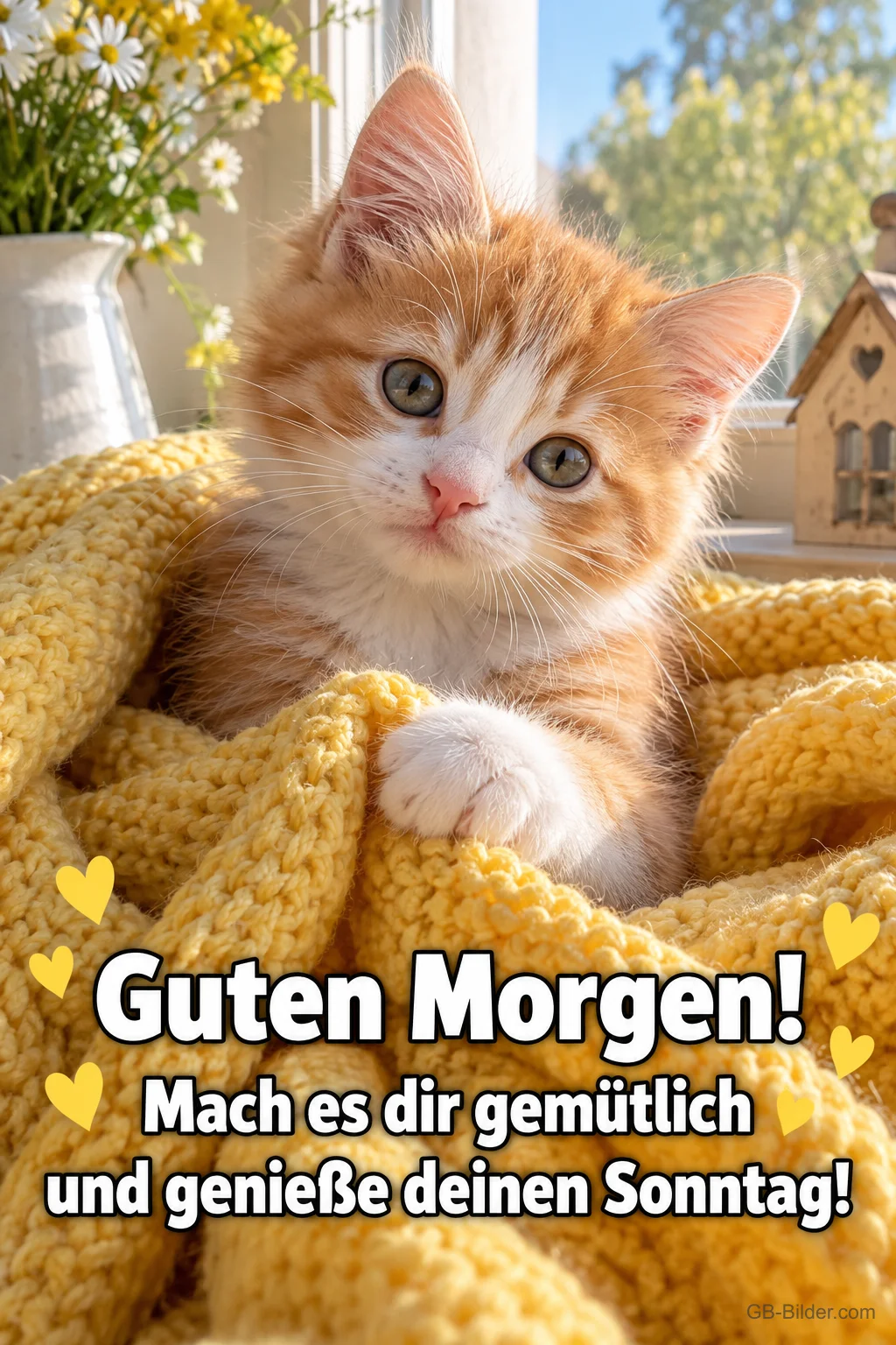 Rotes Kätzchen in einer gelben Strickdecke am Fenster, Text: Guten Morgen! Mach es dir gemütlich und genieße deinen Sonntag! Rotes Kätzchen in einer gelben Strickdecke am Fenster, Text: Guten Morgen! Mach es dir gemütlich und genieße deinen Sonntag!