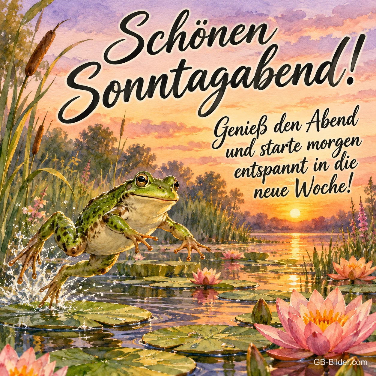 Frosch springt über einen Seerosenteich im Abendrot, Text: Schönen Sonntagabend! Genieß den Abend und starte morgen entspannt in die neue Woche! Frosch springt über einen Seerosenteich im Abendrot, Text: Schönen Sonntagabend! Genieß den Abend und starte morgen entspannt in die neue Woche!