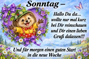 Igel mit Hut breitet die Arme in einem Herz aus Blumen aus, Text: Sonntag – Hallo Du da… wollte nur mal kurz bei Dir reinschauen und Dir einen lieben Gruß dalassen!!! Und für morgen einen guten Start in die neue Woche