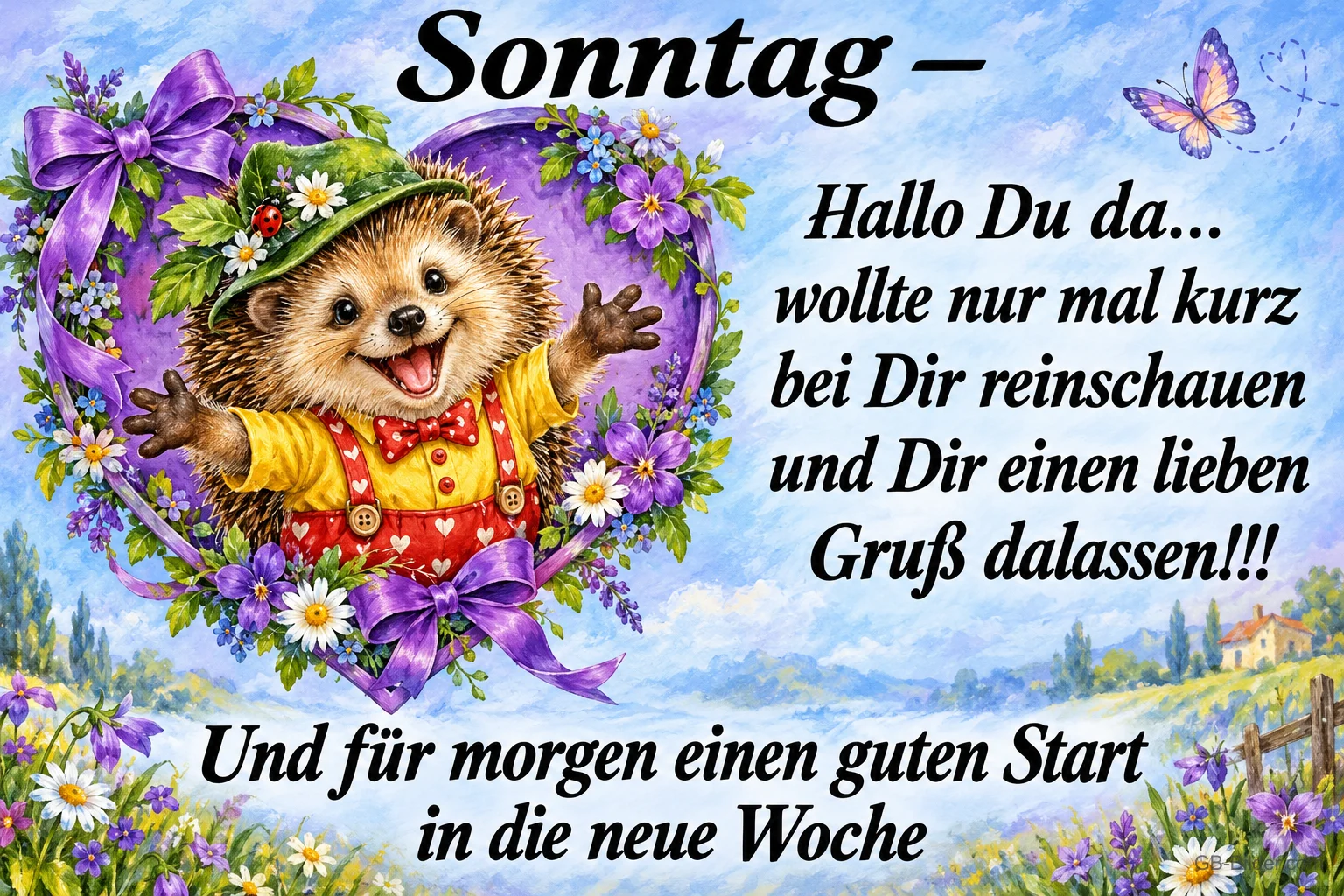 Igel mit Hut breitet die Arme in einem Herz aus Blumen aus, Text: Sonntag – Hallo Du da… wollte nur mal kurz bei Dir reinschauen und Dir einen lieben Gruß dalassen!!! Und für morgen einen guten Start in die neue Woche Igel mit Hut breitet die Arme in einem Herz aus Blumen aus, Text: Sonntag – Hallo Du da… wollte nur mal kurz bei Dir reinschauen und Dir einen lieben Gruß dalassen!!! Und für morgen einen guten Start in die neue Woche