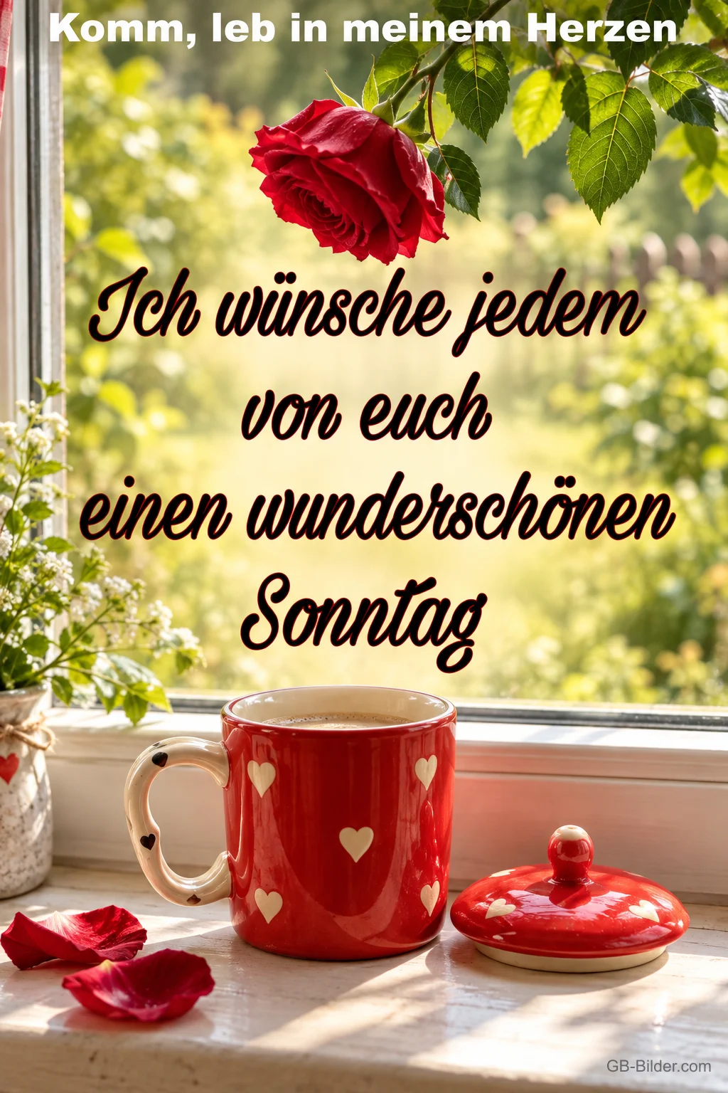 Rote Herztasse am Fenster, Text: Komm, leb in meinem Herzen