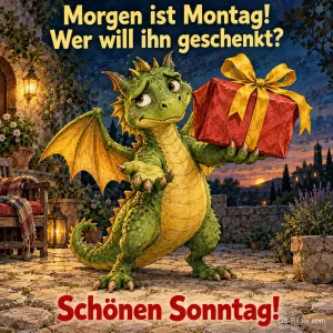 Kleiner Drache hält ein großes Geschenk mit Schleife hoch, Text: Morgen ist Montag! Wer will ihn geschenkt? Schönen Sonntag!