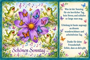Große lila Blume mit Schmetterlingen, vier singende Frösche und Musiknoten, Text: Schönen Sonntag – Was ist der Sonntag für ein herrlicher Tag, kein Stress, und schlafen so lange man mag. Erholung ist heute angesagt, an diesem wunderschönen und arbeitsfreien Tag. Danke für deine Freundschaft. Schön, dass es dich gibt