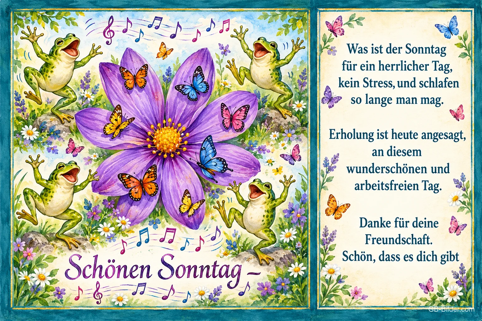 Große lila Blume mit Schmetterlingen, vier singende Frösche und Musiknoten, Text: Schönen Sonntag – Was ist der Sonntag für ein herrlicher Tag, kein Stress, und schlafen so lange man mag. Erholung ist heute angesagt, an diesem wunderschönen und arbeitsfreien Tag. Danke für deine Freundschaft. Schön, dass es dich gibt