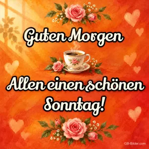 Kaffeetasse zwischen Rosen, Text: Guten Morgen