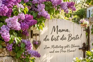 Holztor mit Schrift unter blühendem Flieder, Text: Mama, du bist die Beste! – Zum Muttertag gibt's Blumen und eine Prise Humor!