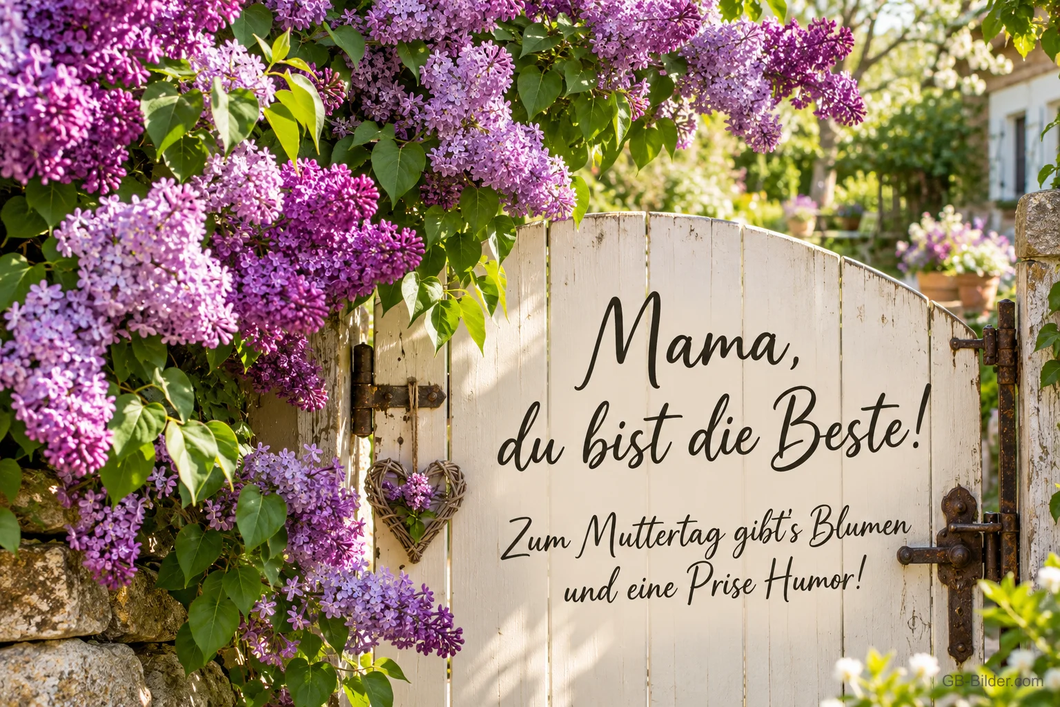 Holztor mit Schrift unter blühendem Flieder, Text: Mama, du bist die Beste! – Zum Muttertag gibt's Blumen und eine Prise Humor! Holztor mit Schrift unter blühendem Flieder, Text: Mama, du bist die Beste! – Zum Muttertag gibt's Blumen und eine Prise Humor!