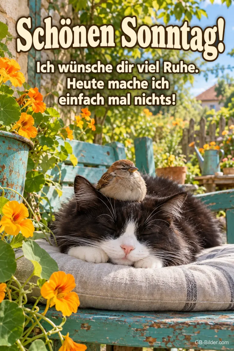 Katze schläft auf einer Gartenbank, auf ihrem Kopf sitzt ein Spatz, Text: Schönen Sonntag! Ich wünsche dir viel Ruhe. Heute mache ich einfach mal nichts!