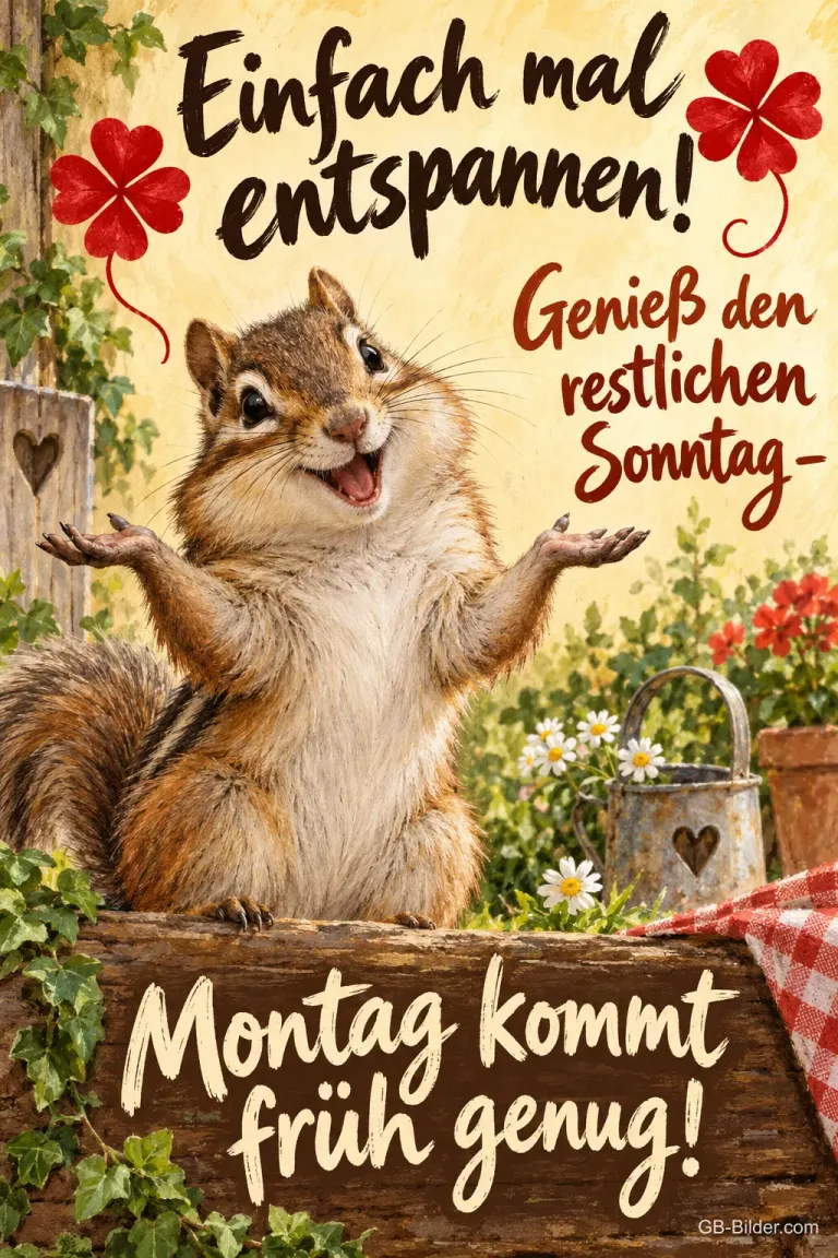 Streifenhörnchen zuckt lachend mit den Schultern, Kleeblätter, Text: Einfach mal entspannen! Genieß den restlichen Sonntag – Montag kommt früh genug!