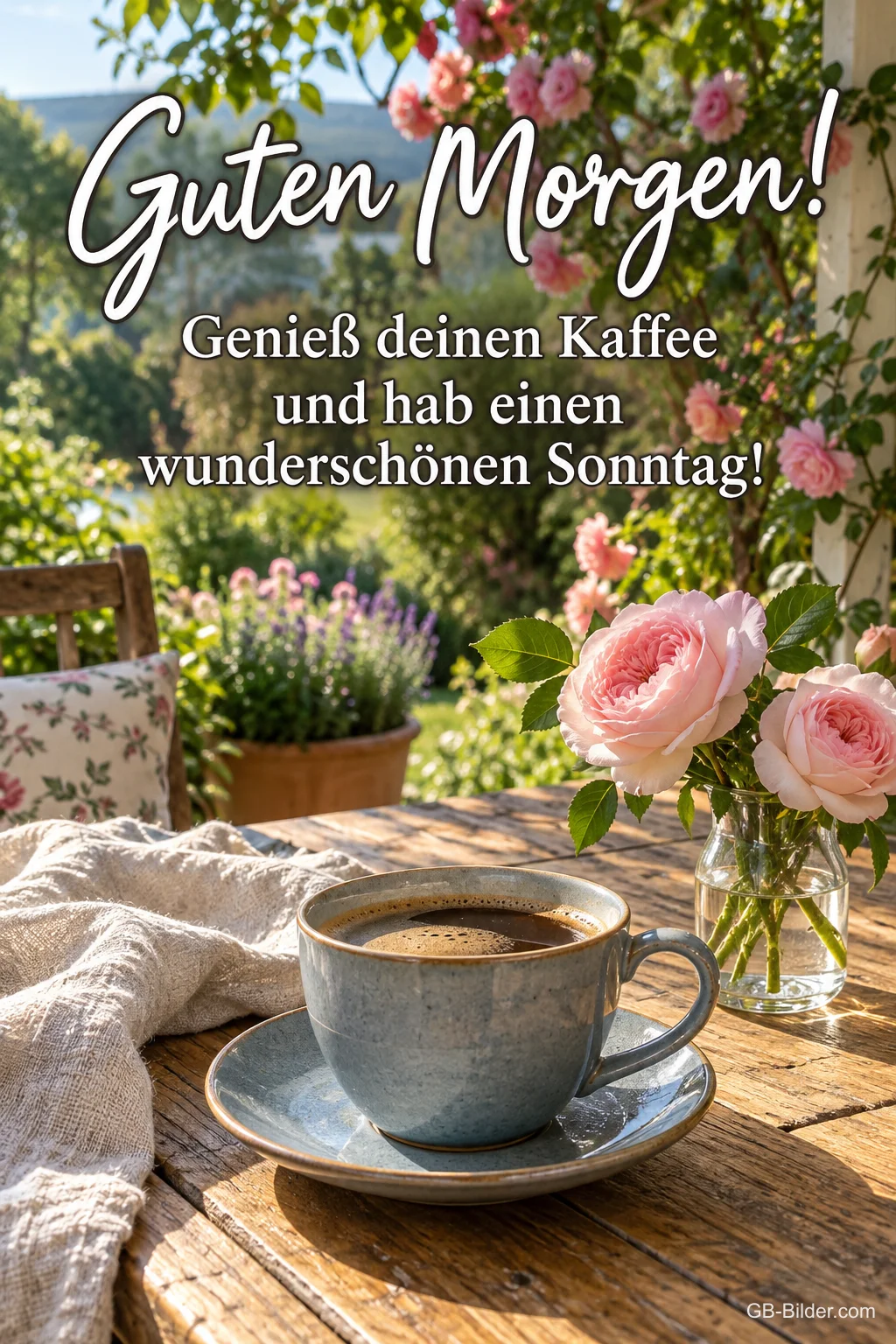 Kaffeetasse und Rosen auf einem Gartentisch, Text: Guten Morgen! Genieß deinen Kaffee und hab einen wunderschönen Sonntag! Kaffeetasse und Rosen auf einem Gartentisch, Text: Guten Morgen! Genieß deinen Kaffee und hab einen wunderschönen Sonntag!