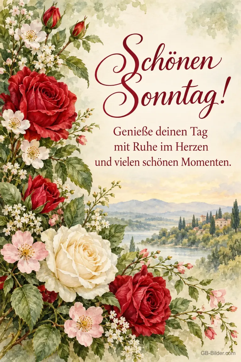 Rote und weiße Rosen rahmen eine Seelandschaft ein, Text: Schönen Sonntag! Genieße deinen Tag mit Ruhe im Herzen und vielen schönen Momenten.