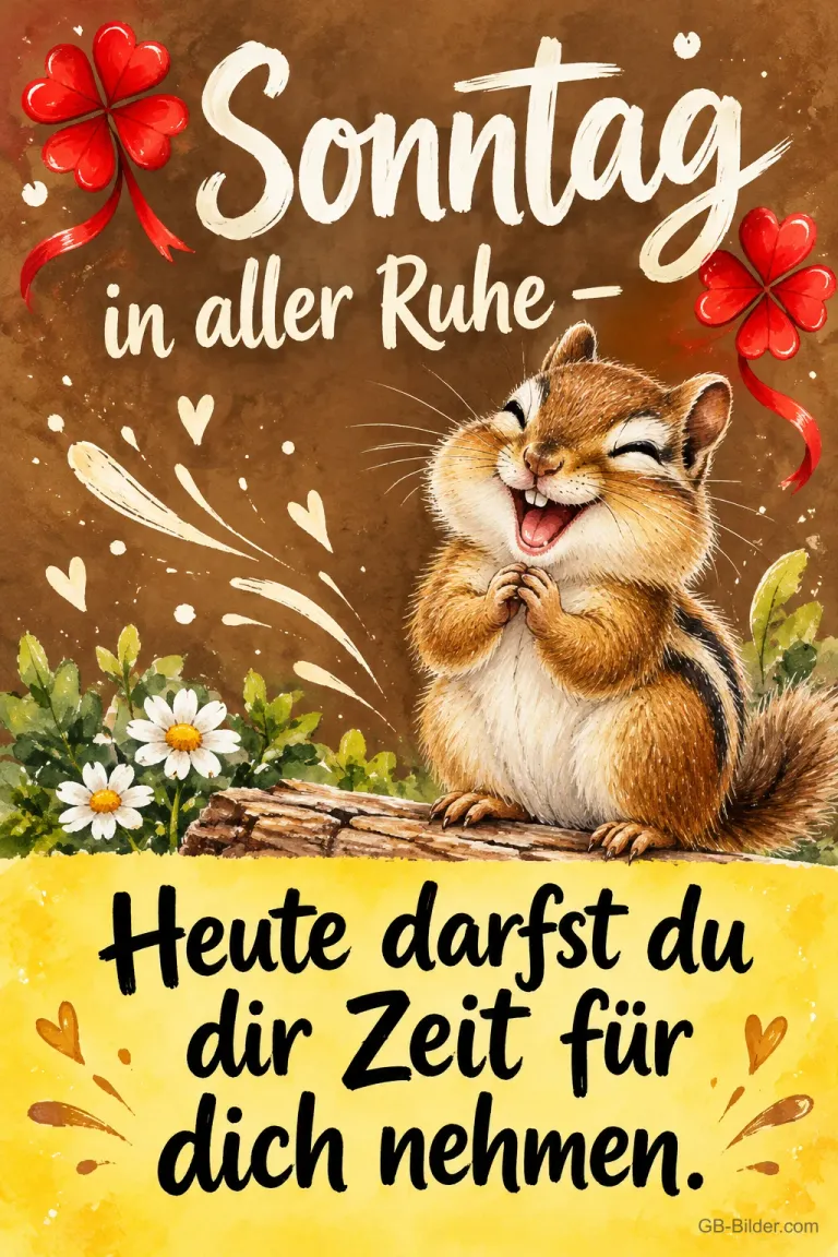 Streifenhörnchen faltet lachend die Pfoten zwischen Kleeblättern und Gänseblümchen, Text: Sonntag in aller Ruhe – Heute darfst du dir Zeit für dich nehmen.