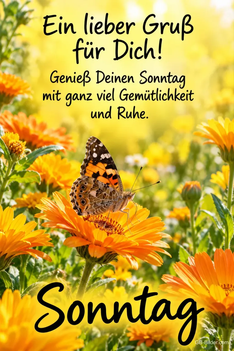 Distelfalter auf orangen Ringelblumen, Text: Ein lieber Gruß für dich! Genieß deinen Sonntag mit ganz viel Gemütlichkeit und Ruhe. Sonntag