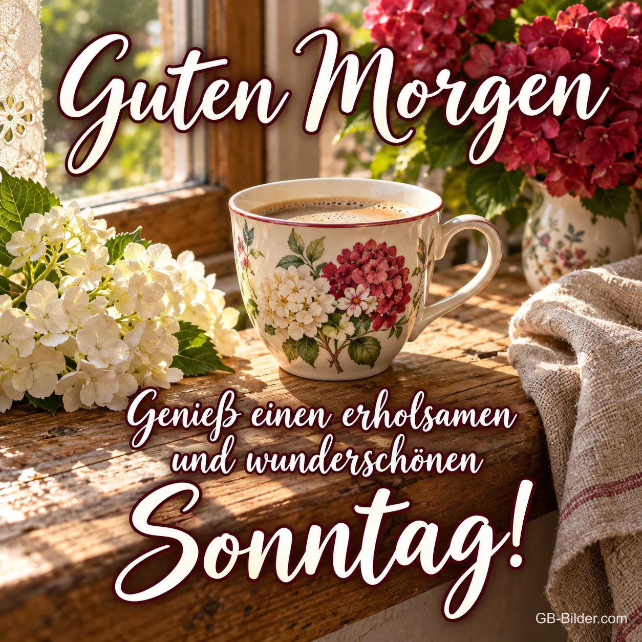 Kaffeetasse mit Blumenmuster neben weißen Hortensien am Fenster, Text: Guten Morgen – Genieß einen erholsamen und wunderschönen Sonntag! Kaffeetasse mit Blumenmuster neben weißen Hortensien am Fenster, Text: Guten Morgen – Genieß einen erholsamen und wunderschönen Sonntag!