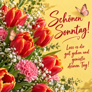 Rote Tulpen und rosa Nelken mit Schmetterlingen, Text: Schönen Sonntag! Lass es dir gut gehen und genieße deinen Tag!