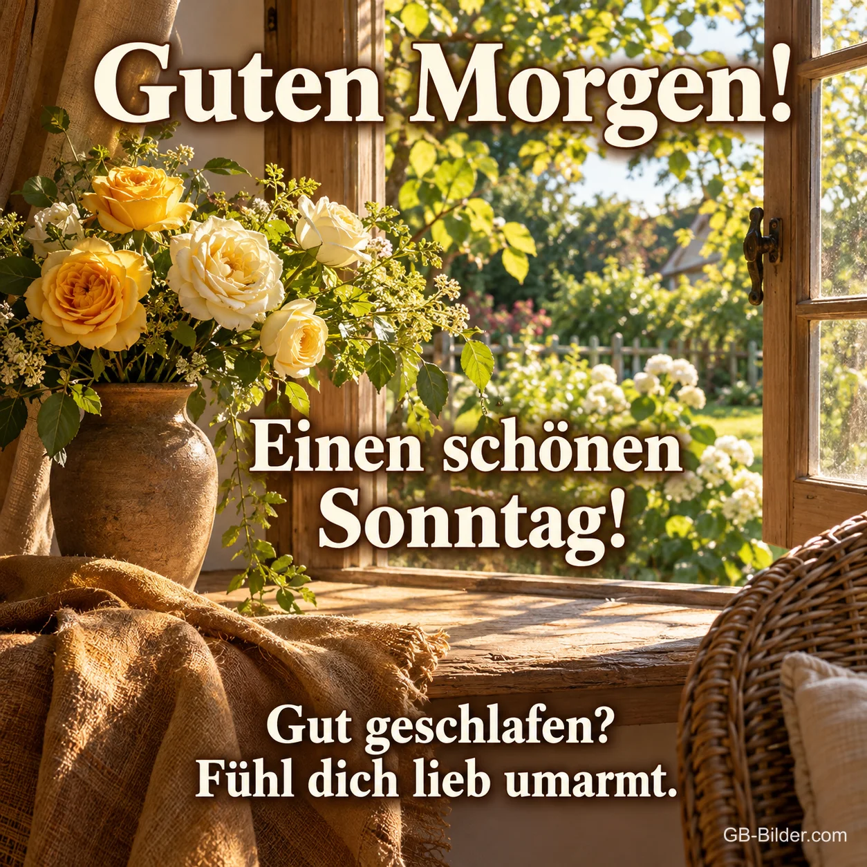 Gelbe Rosen in einer Vase am offenen Fenster, Text: Guten Morgen! Einen schönen Sonntag! Gut geschlafen? Fühl dich lieb umarmt. Gelbe Rosen in einer Vase am offenen Fenster, Text: Guten Morgen! Einen schönen Sonntag! Gut geschlafen? Fühl dich lieb umarmt.