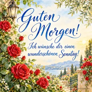 Rote Rosen um ein Gartentor mit Laterne und Meerblick, Text: Guten Morgen! Ich wünsche dir einen wunderschönen Sonntag!
