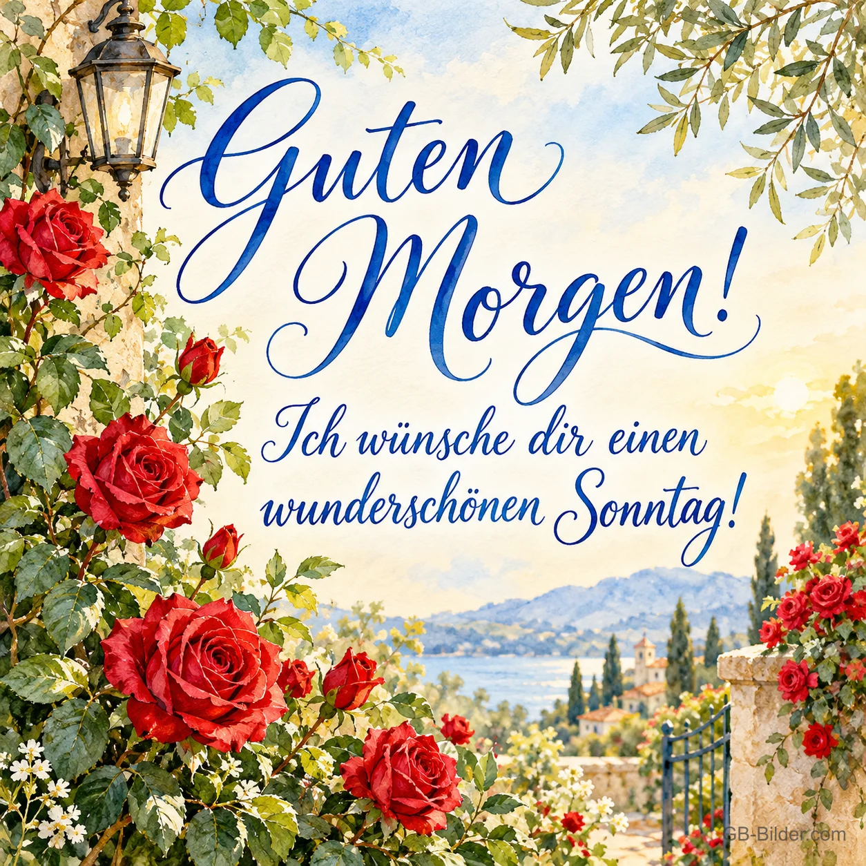 Rote Rosen um ein Gartentor mit Laterne und Meerblick, Text: Guten Morgen! Ich wünsche dir einen wunderschönen Sonntag!