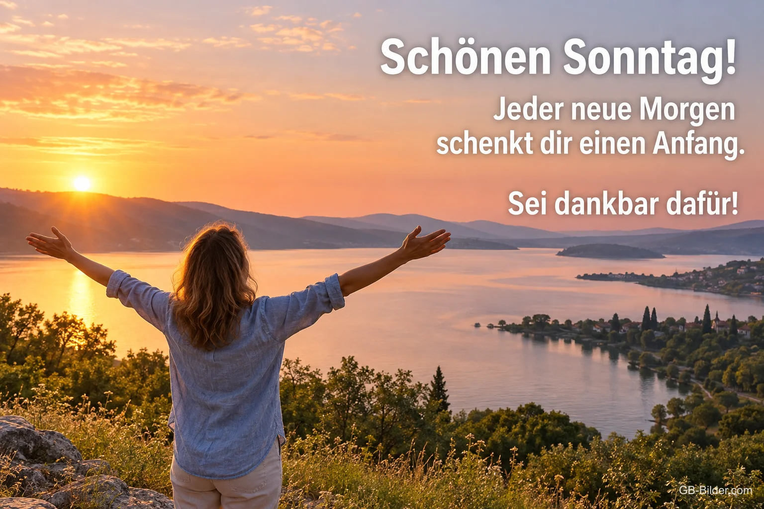 Frau breitet die Arme vor einem See im Sonnenaufgang aus, Text: Schönen Sonntag! Jeder neue Morgen schenkt dir einen Anfang. Sei dankbar dafür!