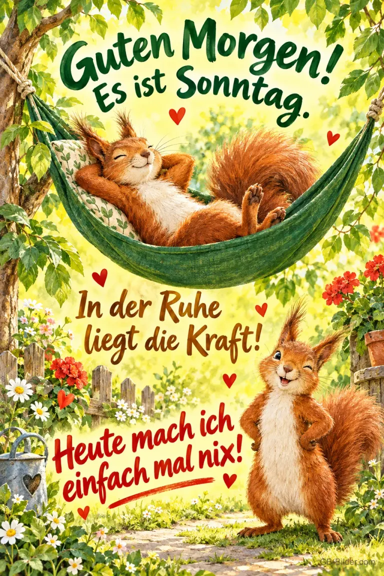 Eichhörnchen liegt in einer Hängematte, ein zweites zwinkert davor, Text: Guten Morgen! Es ist Sonntag. In der Ruhe liegt die Kraft! Heute mach ich einfach mal nix!