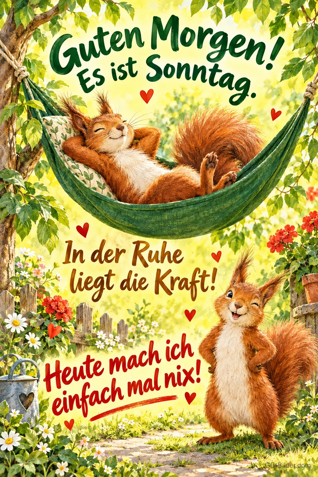 Eichhörnchen liegt in einer Hängematte, ein zweites zwinkert davor, Text: Guten Morgen! Es ist Sonntag. In der Ruhe liegt die Kraft! Heute mach ich einfach mal nix!