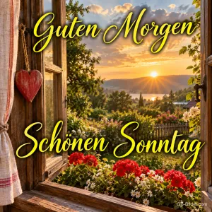 Offenes Holzfenster mit Herz und Blick auf einen See bei Sonnenaufgang, Text: Guten Morgen – Schönen Sonntag