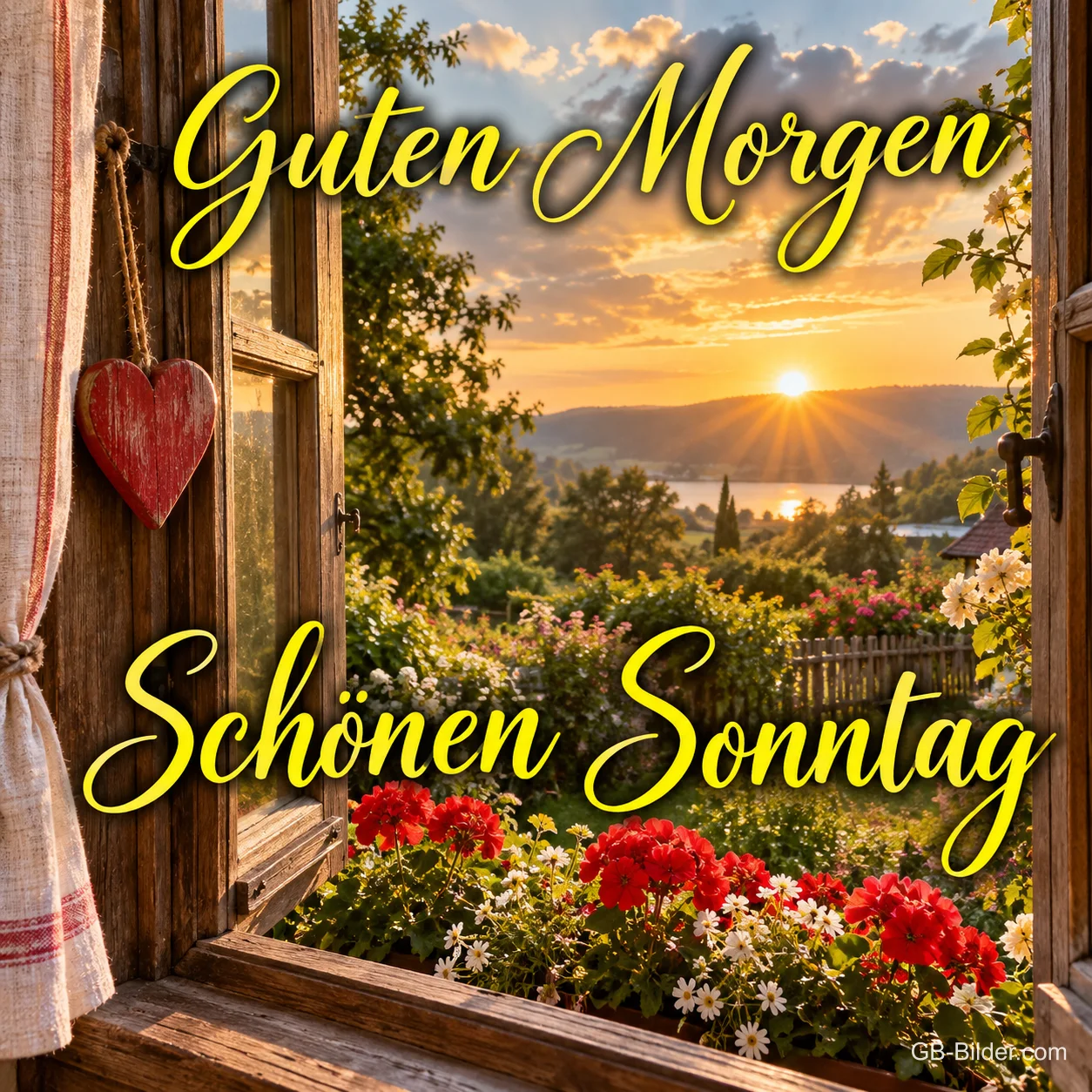 Offenes Holzfenster mit Herz und Blick auf einen See bei Sonnenaufgang, Text: Guten Morgen – Schönen Sonntag