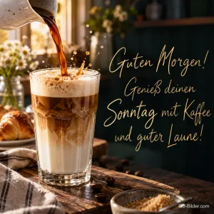 Kaffee wird in ein Glas Latte macchiato gegossen, Text: Guten Morgen! Genieß deinen Sonntag mit Kaffee und guter Laune!