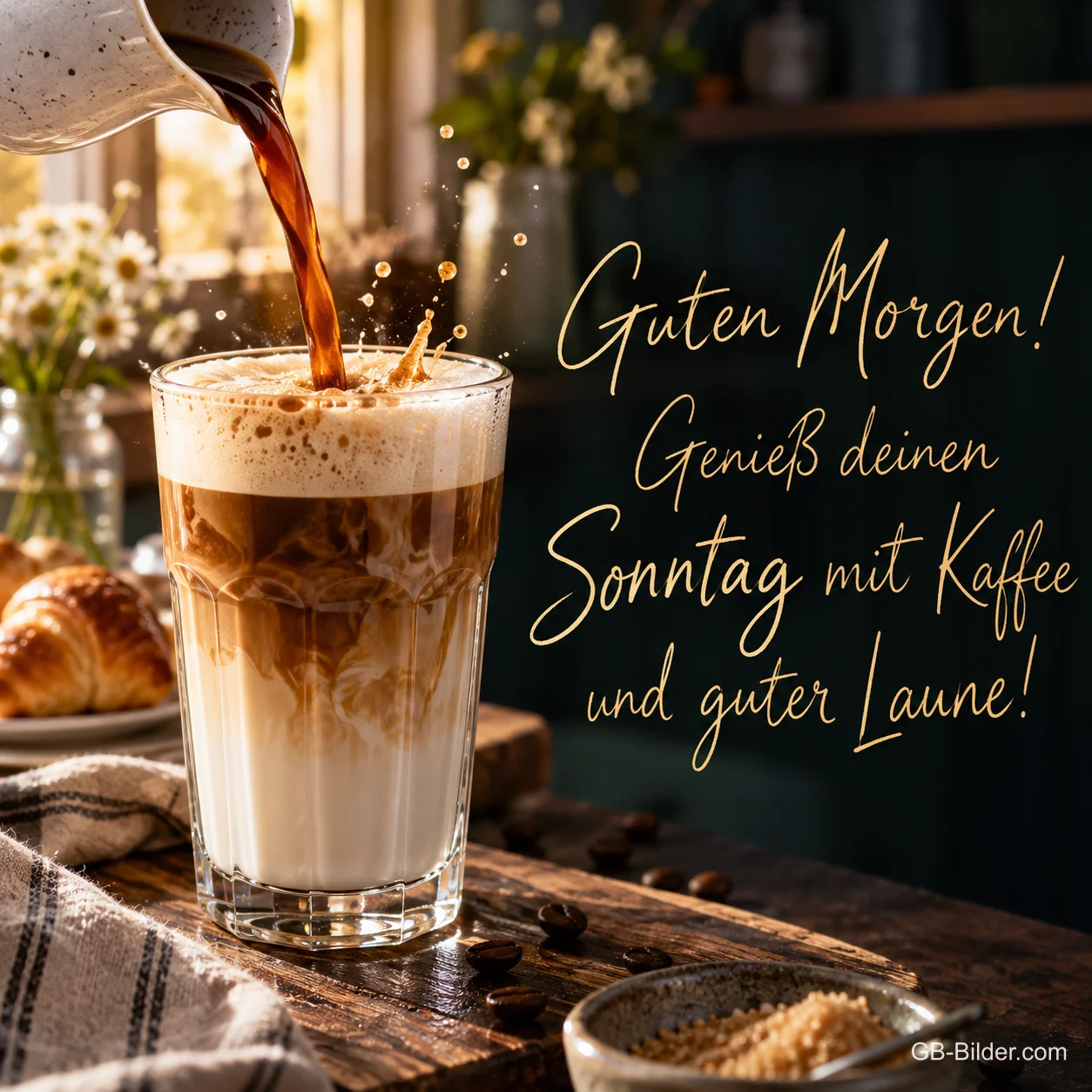 Kaffee wird in ein Glas Latte macchiato gegossen, Text: Guten Morgen! Genieß deinen Sonntag mit Kaffee und guter Laune!
