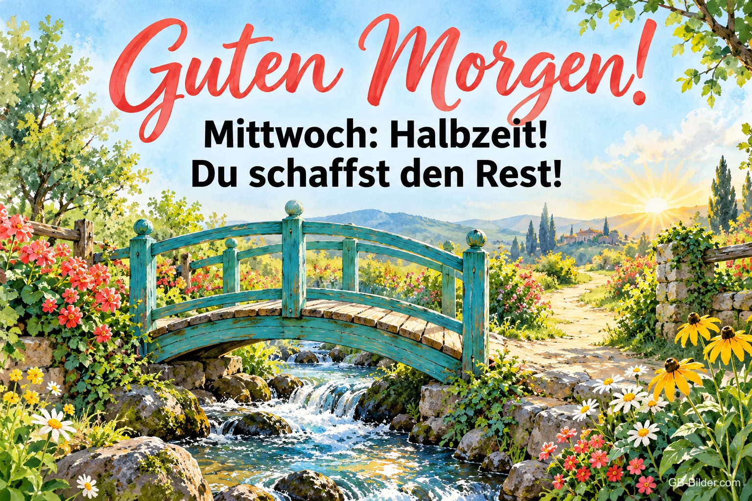 Holzbrücke über einen Bach im Blumengarten, Text: Guten Morgen! – Mittwoch: Halbzeit! Du schaffst den Rest!
