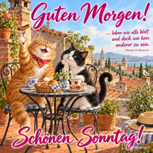 Zwei Katzen frühstücken fröhlich auf einer Dachterrasse über der Stadt, Text: Guten Morgen! … leben wie alle Welt und doch wie kein anderer zu sein. Simone de Beauvoir – Schönen Sonntag!