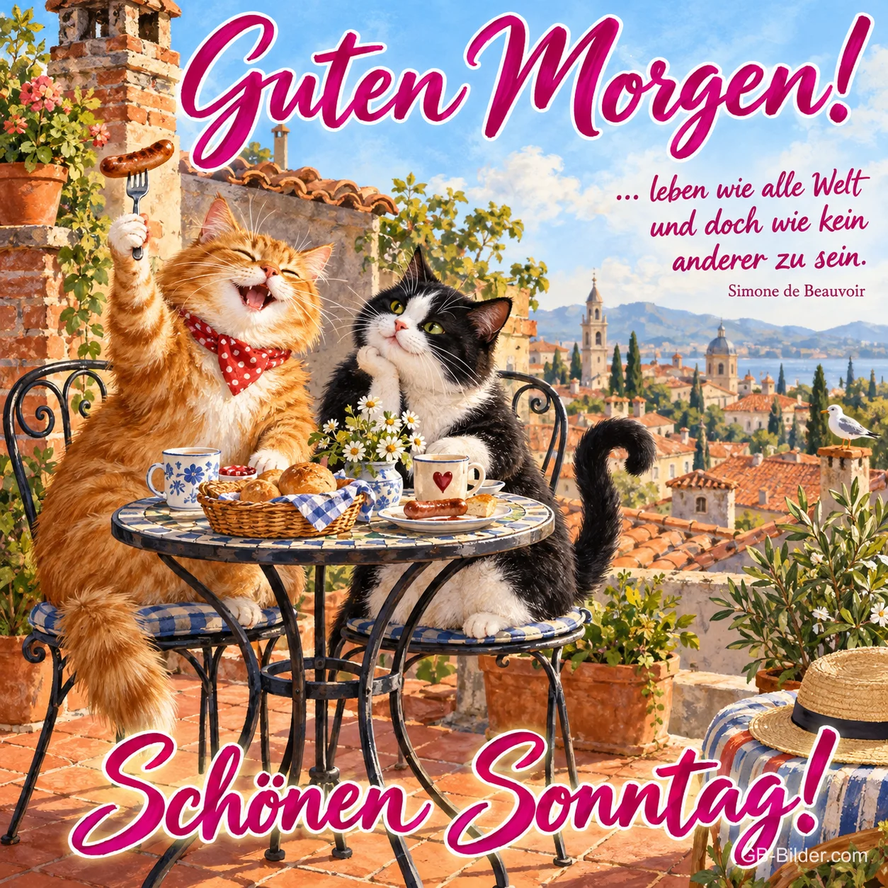Zwei Katzen frühstücken fröhlich auf einer Dachterrasse über der Stadt, Text: Guten Morgen! … leben wie alle Welt und doch wie kein anderer zu sein. Simone de Beauvoir – Schönen Sonntag! Zwei Katzen frühstücken fröhlich auf einer Dachterrasse über der Stadt, Text: Guten Morgen! … leben wie alle Welt und doch wie kein anderer zu sein. Simone de Beauvoir – Schönen Sonntag!