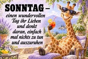 Giraffe mit Sonnenbrille entspannt mit Cocktail auf einer Terrasse am See, Text: SONNTAG – einen wundervollen Tag ihr Lieben und denkt daran, einfach mal nichts zu tun und auszuruhen