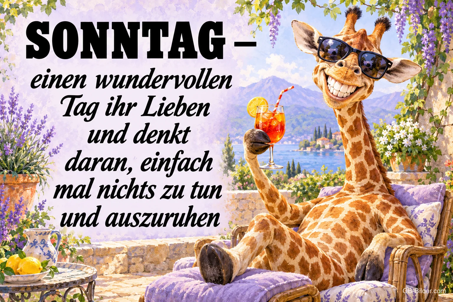 Giraffe mit Sonnenbrille entspannt mit Cocktail auf einer Terrasse am See, Text: SONNTAG – einen wundervollen Tag ihr Lieben und denkt daran, einfach mal nichts zu tun und auszuruhen