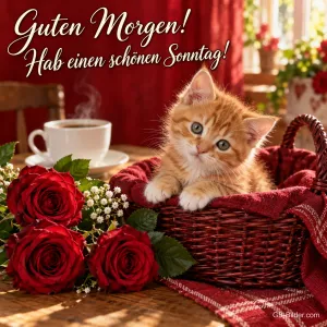 Rotes Kätzchen sitzt in einem Korb neben roten Rosen, Text: Guten Morgen! Hab einen schönen Sonntag!