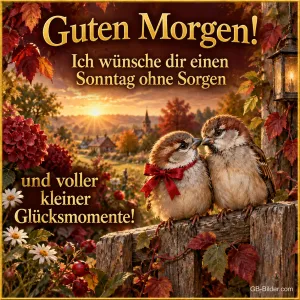 Zwei Spatzen mit roter Schleife kuscheln auf einem Zaun im Herbst, Text: Guten Morgen! Ich wünsche dir einen Sonntag ohne Sorgen und voller kleiner Glücksmomente!