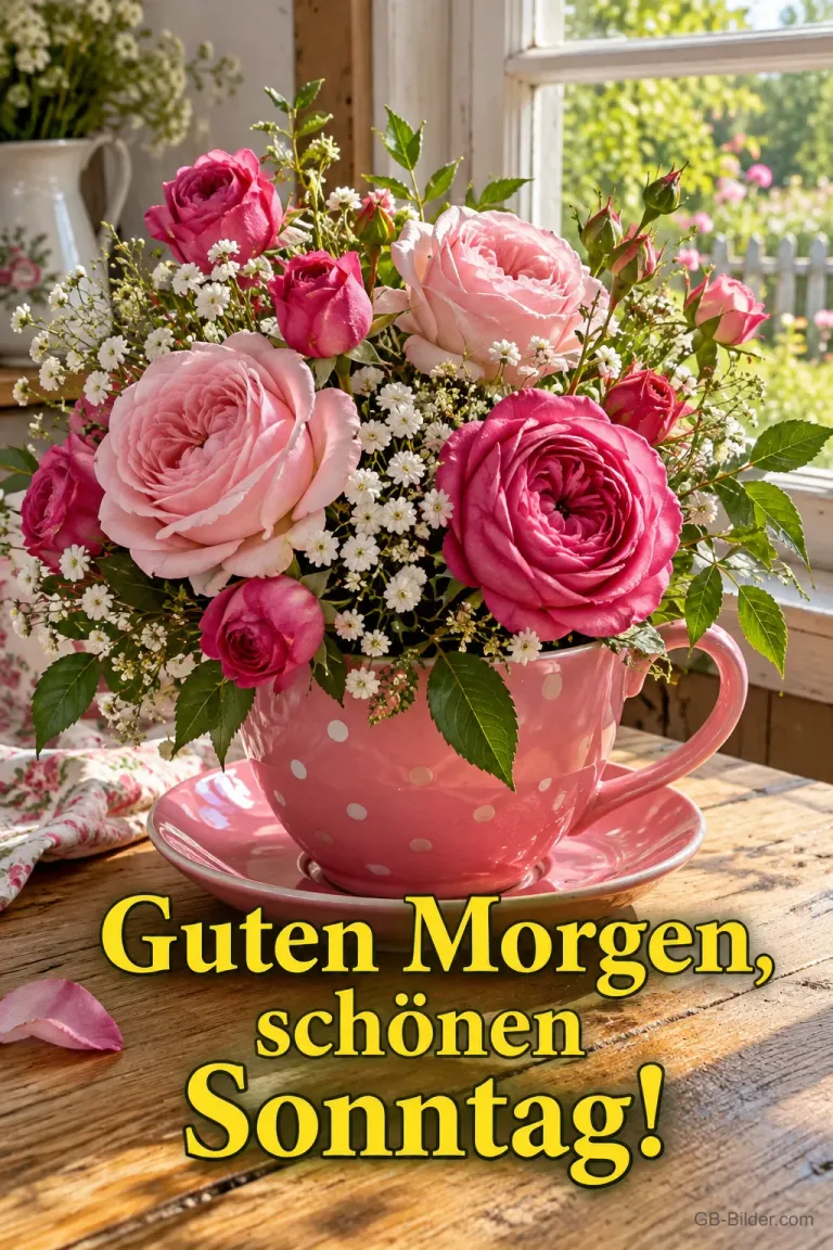 Rosa Rosen in einer gepunkteten Tasse, Text: Guten Morgen, schönen Sonntag!