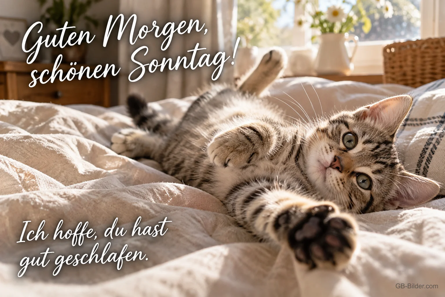 Getigertes Kätzchen räkelt sich auf dem Bett, Text: Guten Morgen, schönen Sonntag! Ich hoffe, du hast gut geschlafen.