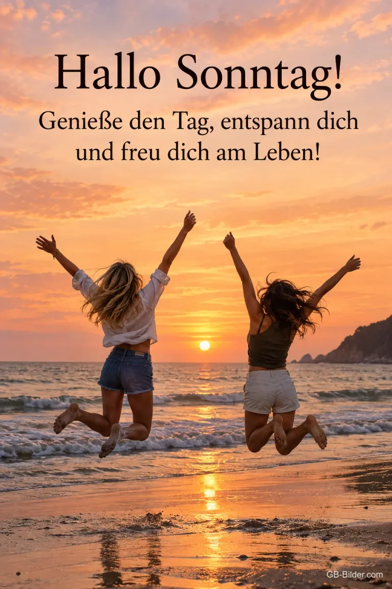 Zwei Frauen springen jubelnd am Strand bei Sonnenuntergang, Text: Hallo Sonntag! Genieße den Tag, entspann dich und freu dich am Leben!