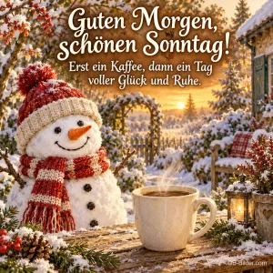 Schneemann mit Mütze und Schal neben einer Kaffeetasse, Text: Guten Morgen, schönen Sonntag! Erst ein Kaffee, dann ein Tag voller Glück und Ruhe.