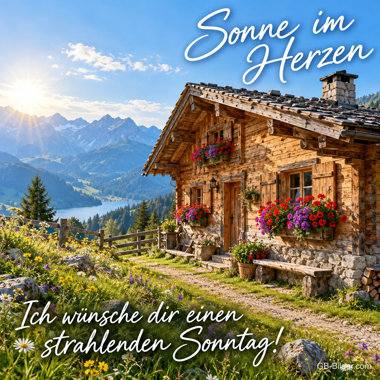 Holzhütte mit Blumenkästen vor einem Bergsee, Text: Sonne im Herzen – Ich wünsche dir einen strahlenden Sonntag!