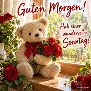 Teddybär mit roter Schleife hält einen Rosenstrauß am Fenster, Text: Guten Morgen! Hab einen wundervollen Sonntag!