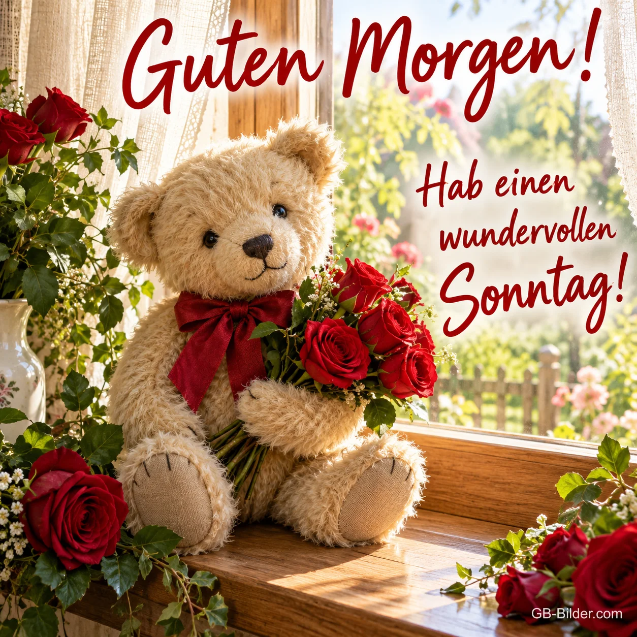 Teddybär mit roter Schleife hält einen Rosenstrauß am Fenster, Text: Guten Morgen! Hab einen wundervollen Sonntag!