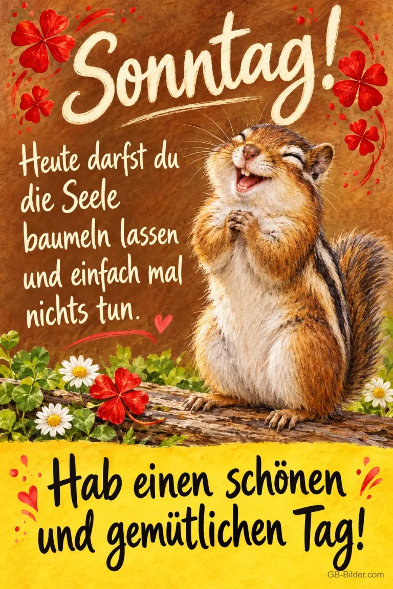 Lachendes Streifenhörnchen faltet die Pfoten auf einem Baumstamm mit Kleeblättern, Text: Sonntag! Heute darfst du die Seele baumeln lassen und einfach mal nichts tun. Hab einen schönen und gemütlichen Tag!
