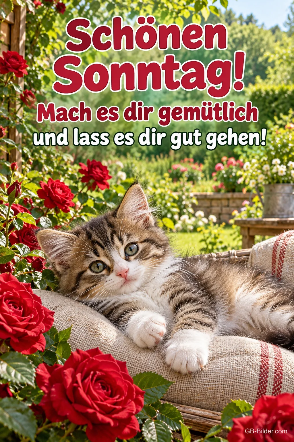 Getigertes Kätzchen liegt auf einem Kissen zwischen roten Rosen, Text: Schönen Sonntag! Mach es dir gemütlich und lass es dir gut gehen!